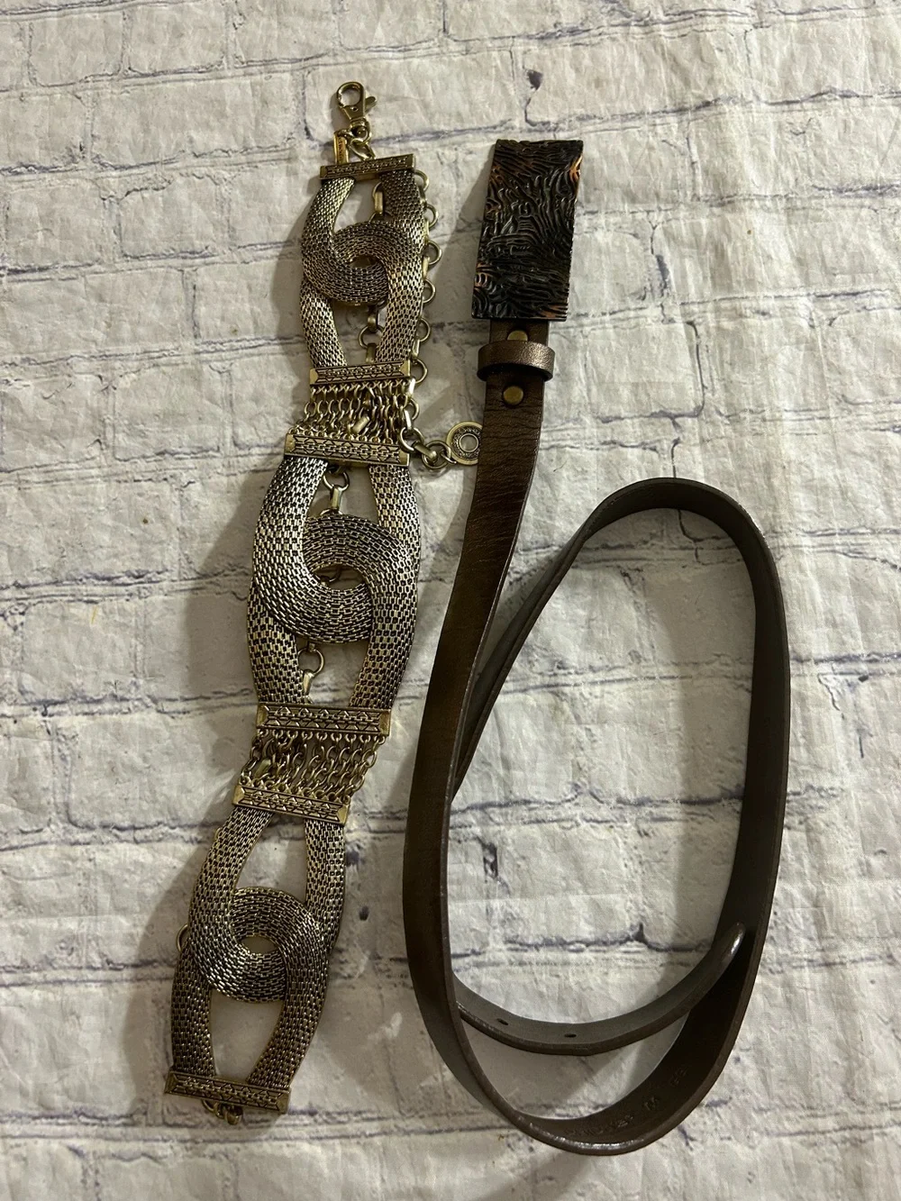 CHICO’S (2) UNIQUE STYLES GOLD CHAIN EMBELLISHED AND BROWN LEATHER BELTS